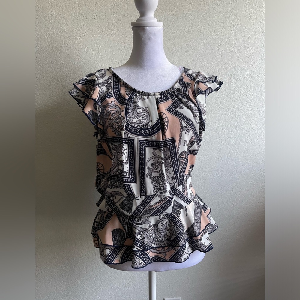 a'gaci Navy Peplum Ruffled Blouse